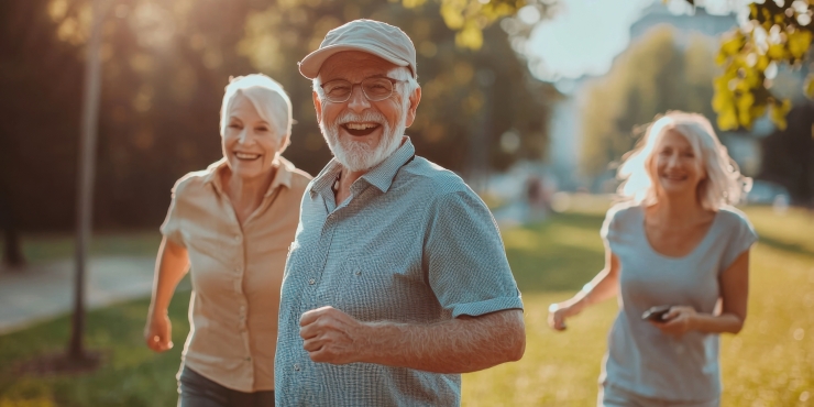 Symbolbild, Gruppe von glücklichen älteren Menschen bei Laufen in der Natur