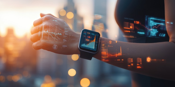 Symbolbild, eine joggende Frau trägt an der Hand eine Smartwatch, die verschiedene Daten aufzeichnet