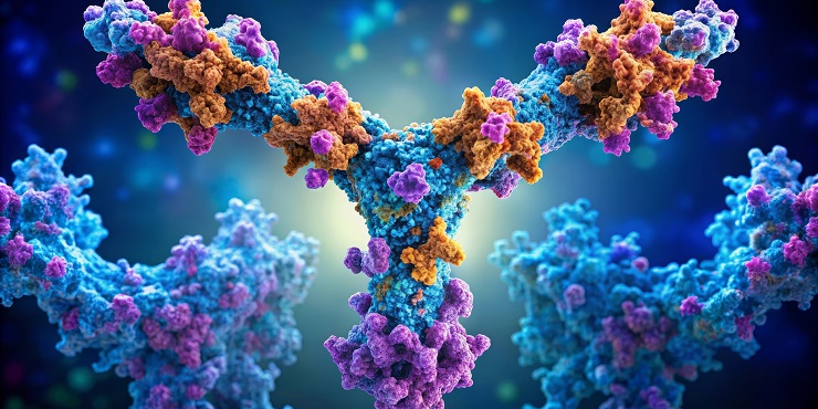 Symbolbild, 3D Struktur eines Antikörpers umgeben von anderen Zellen im Blut