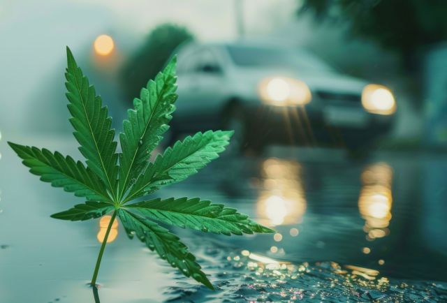 Cannabisblatt und Auto auf regennasser Straße