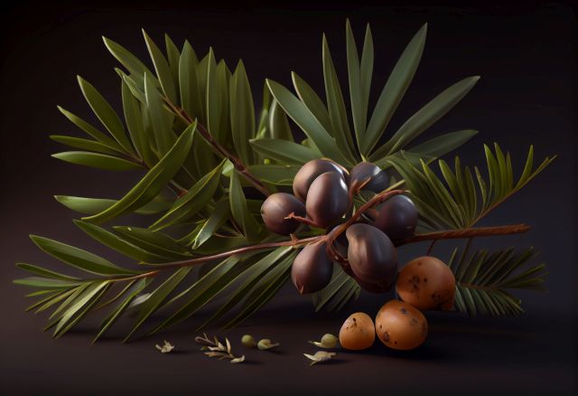 KI-generierte Illustration von Blättern und Früchten der Sägepalme vor schwarzem Hintergrund.