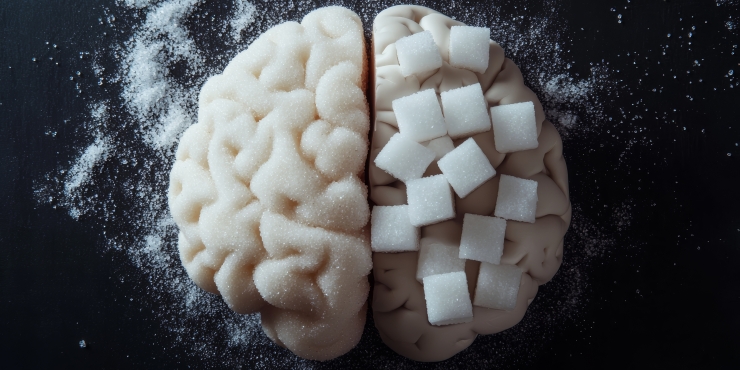 Symbolbild, Grafik eines Gehirn, eine Hälfte davon aus Zuckerwürfeln aufgebaut