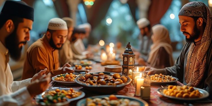 Symbolfoto, Gruppe von Muslimen sitzen nach Sonnernuntergang zusammen am Esstisch