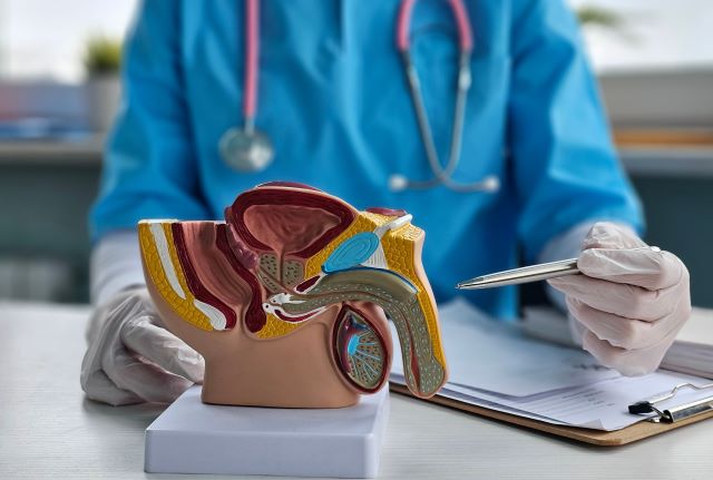 Arzt erklärt an einem anatomischen Modell die männlichen Geschlechtsorgane.