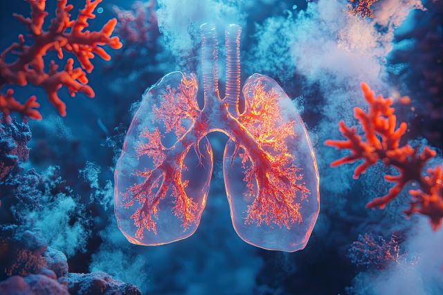 Künstlerische Darstellung der menschlichen Lungen, umgeben von korallenähnlichen Strukturen und Schadstoffen.