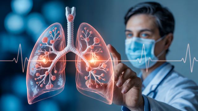 Digitale Darstellung der menschlichen Lungen mit Atemwegen und Herzfrequenz-Symbol im Hintergrund.