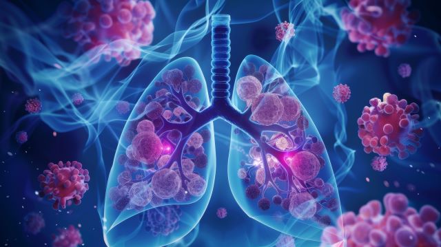 Künstlerische Darstellung der menschlichen Lungen, umgeben von Partikeln, die Viren oder Schadstoffe symbolisieren.