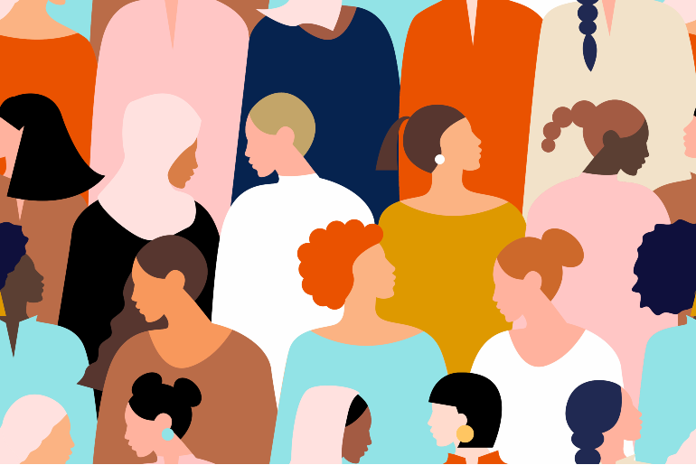 Clipart mehrerer Frauen mit unterschiedlichen Hautfarben, Haarfarben und Kulturen.