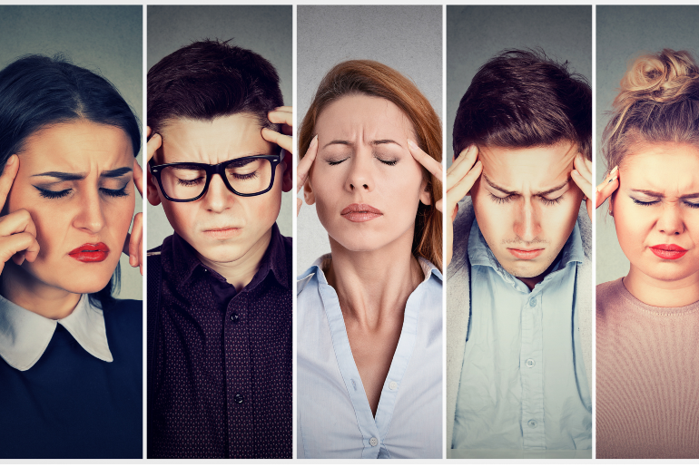 Collage mehrerer Menschen, die offenbar Kopfschmerzen haben. Symbolbild für Kopfschmerz, Migräne, Stress.