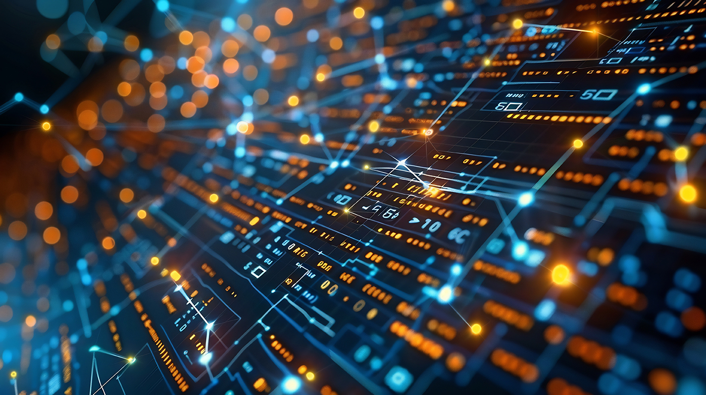 Visualisierung eines digitalen Netzwerks mit Datenpunkten und Verbindungen in Blau- und Orangetönen
