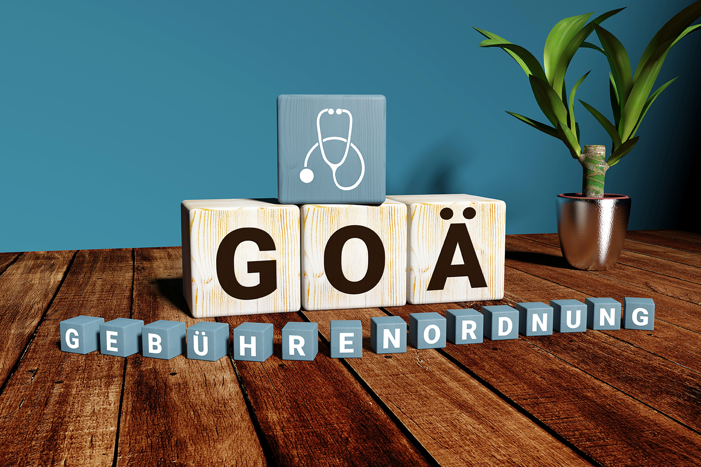 Holzwürfel mit der Aufschrift GOÄ und Stethoskop-Symbol, darunter der Schriftzug Gebührenordnung auf einem Holztisch.