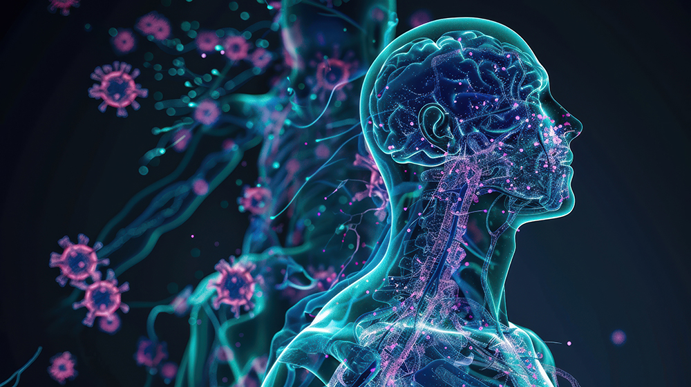 Futuristische Darstellung des menschlichen Nervensystems mit Immunzellen, medizinische Visualisierung.