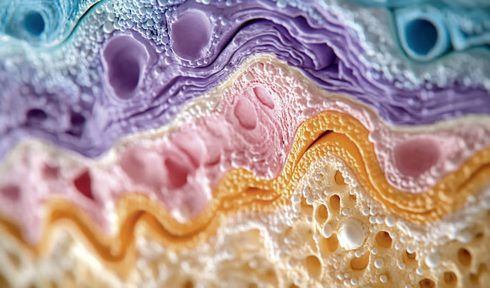 Mikroskopische Darstellung einer mehrschichtigen Hautstruktur in bunten Farben, die verschiedene Hautschichten zeigt.