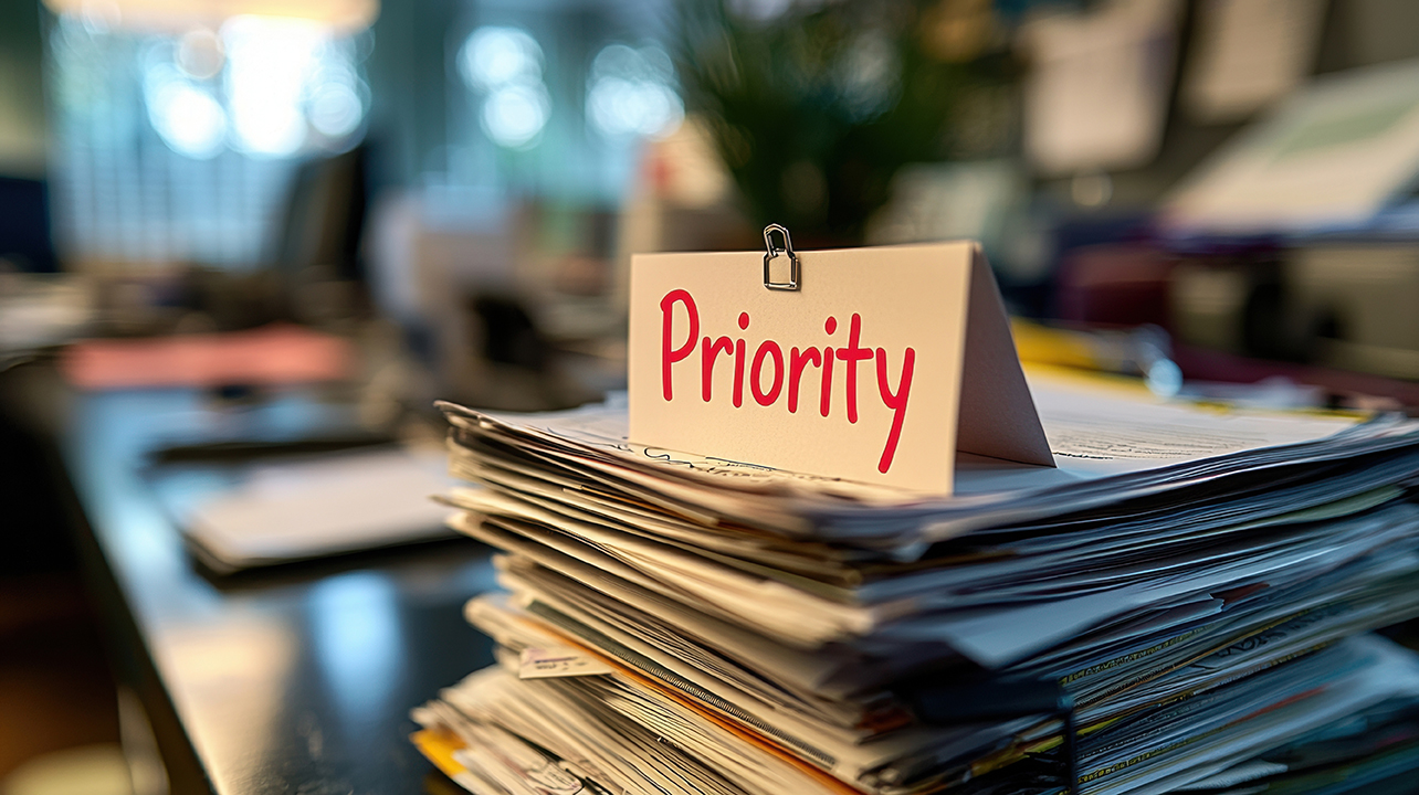 Ein Stapel Dokumente mit einem Schild "Priority" in einem Büro, symbolisch für Arbeitsprioritäten.