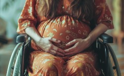 Schwangere Frau im Rollstuhl, Hände auf den Bauch gelegt. Orange geblümtes Kleid