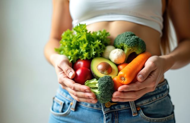 Frau hält eine Auswahl an frischem Gemüse wie Brokkoli, Karotten, Avocado und Salat vor ihrem Bauch.
