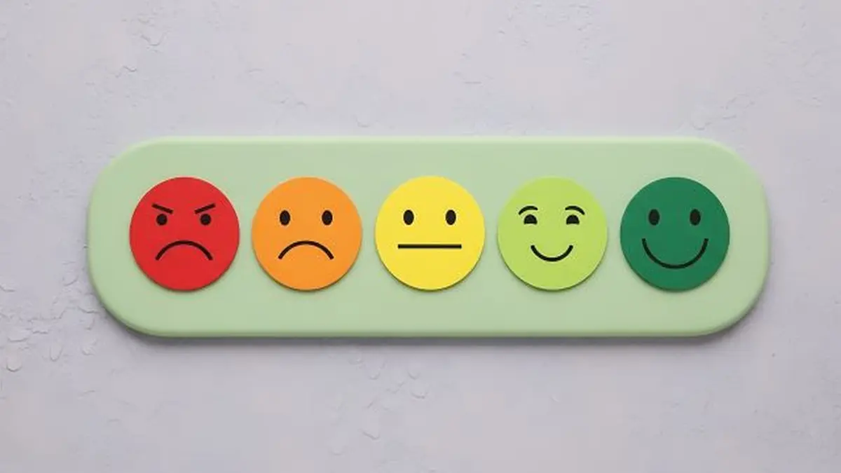 Eine Skala mit fünf Emojis, die verschiedene Stimmungen von wütend bis glücklich darstellen.