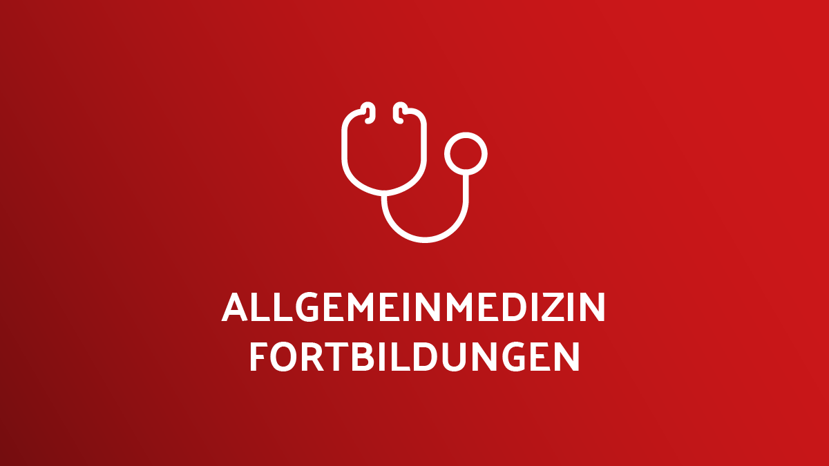 Stethoskop-Icon mit dem Text „Allgemeinmedizin Fortbildungen“ auf rotem Hintergrund.