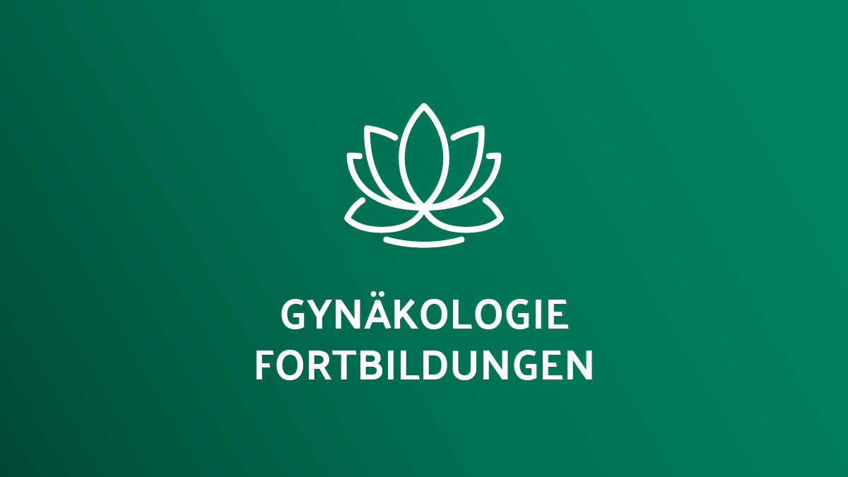 Lotusblüten-Icon mit dem Text „Gynäkologie Fortbildungen“ auf grünem Hintergrund.