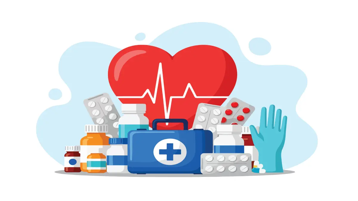 Vektorillustraion von Herz mit Herzschlaglinie umgeben von medizinischen Flaschen, Pillen, Handschuh und erste Hilfe Kasten.