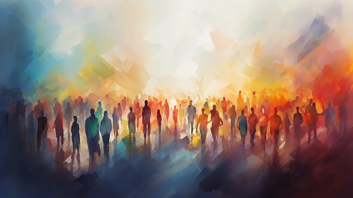 multicolored crowd, a row of silhouettes of people , drawing watercolor style multicultural society, performance concert, rainbow spectrum background gradient