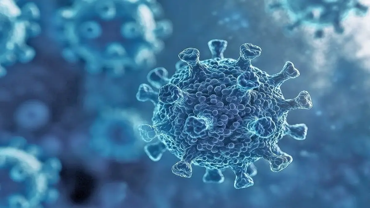 Das Bild zeigt eine detaillierte Nahaufnahme eines Virus in blauer Darstellung. Es symbolisiert Themen wie Pandemie, Gesundheit und medizinische Forschung.