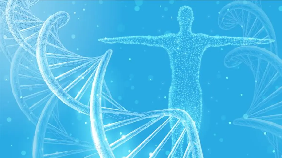 Vernetzung von Mensch und Genetik: Digitale Illustration mit DNA-Strängen und menschlicher Silhouette.