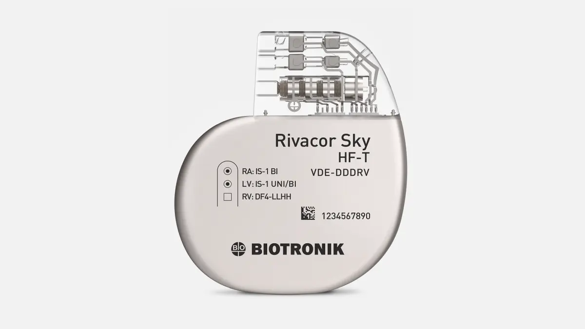 BIOTRONIK Rivacor Sky HF-T Herzschrittmacher mit transparentem Gehäuse und technischen Komponenten