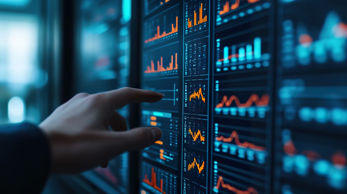 Hand zeigt auf interaktive Datenvisualisierungen und Diagramme auf einem digitalen Bildschirm, Symbol für Datenanalyse und Digitalisierung.
