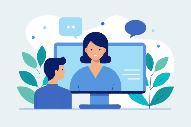 Stilisierte Darstellung einer digitalen Beratung zwischen einem Patienten und einer medizinischen Fachkraft, symbolisiert digitale Gesundheitsanwendungen in der Onkologie.