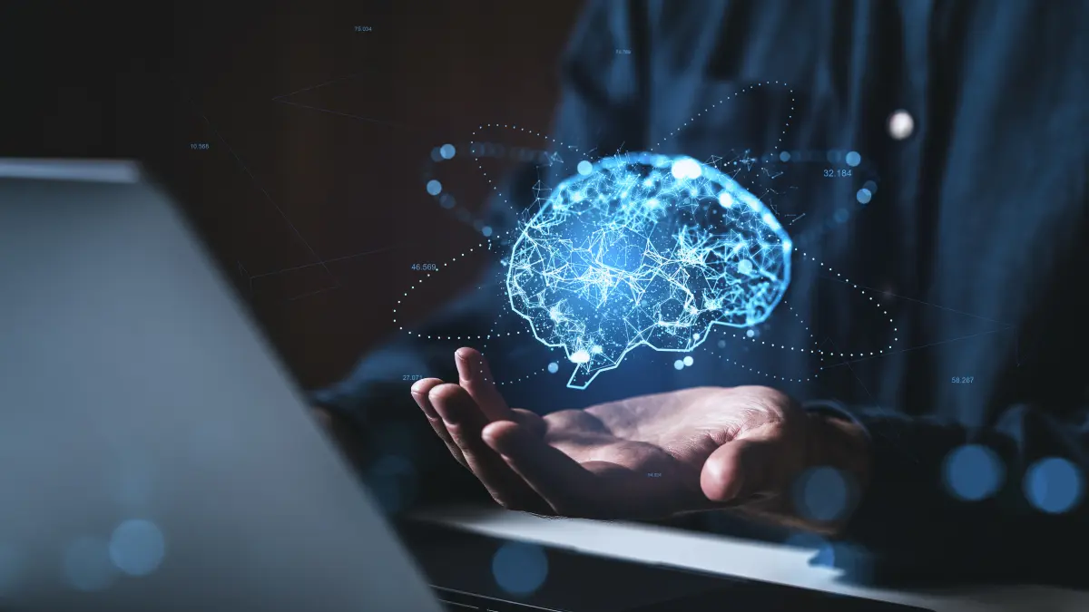 Visualisierung eines digitalen Zwillings des Gehirns, symbolisiert personalisierte Therapieplanung und Prognose.