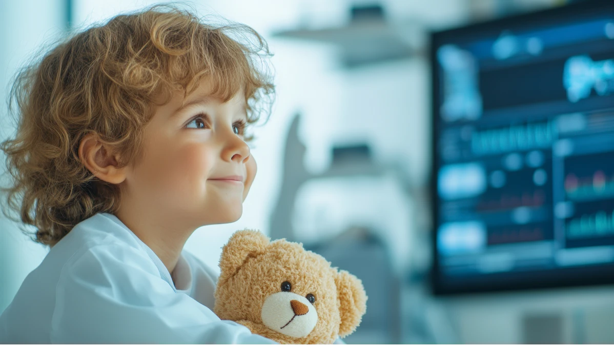Kind mit Teddy im Arm sitzt auf einem Krankenhausbett vor einem Monitor