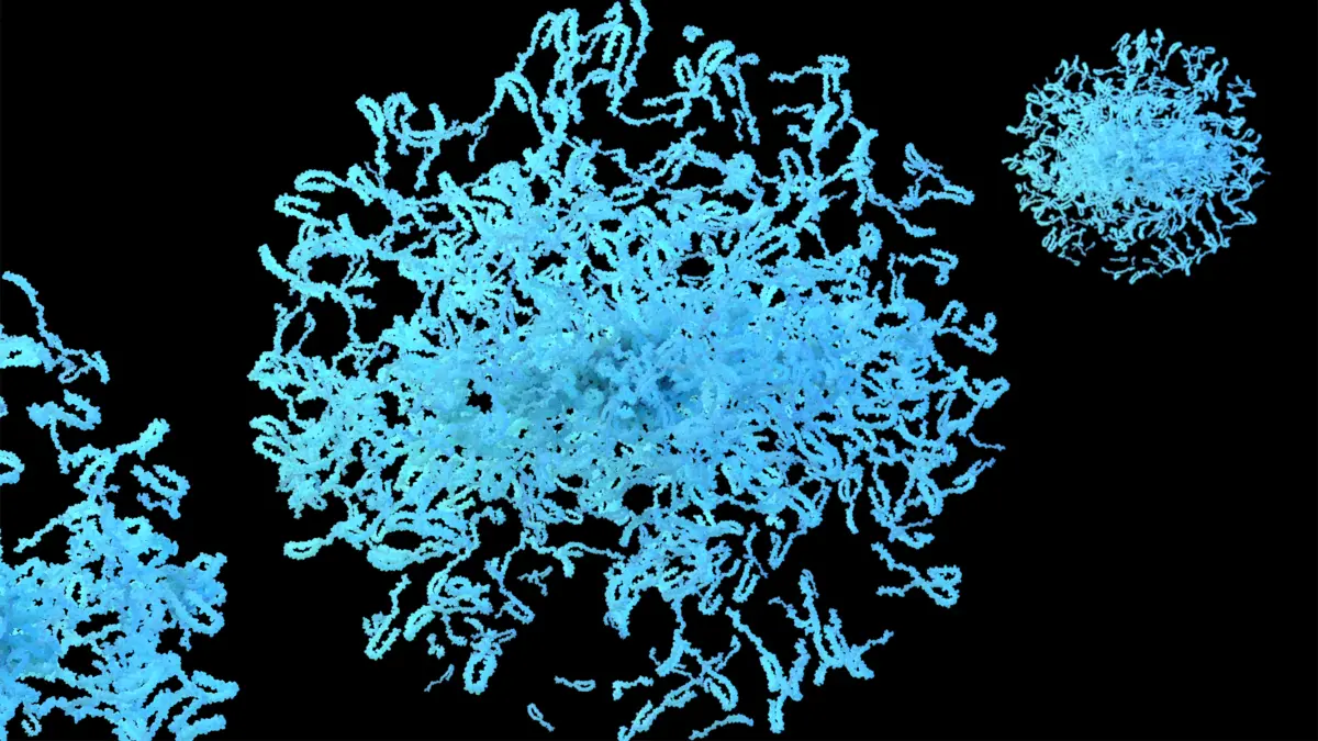 Illustration von Proteinstrukturen, symbolisiert Fortschritte in der Parkinson-Forschung und Biomarker-Entwicklung.